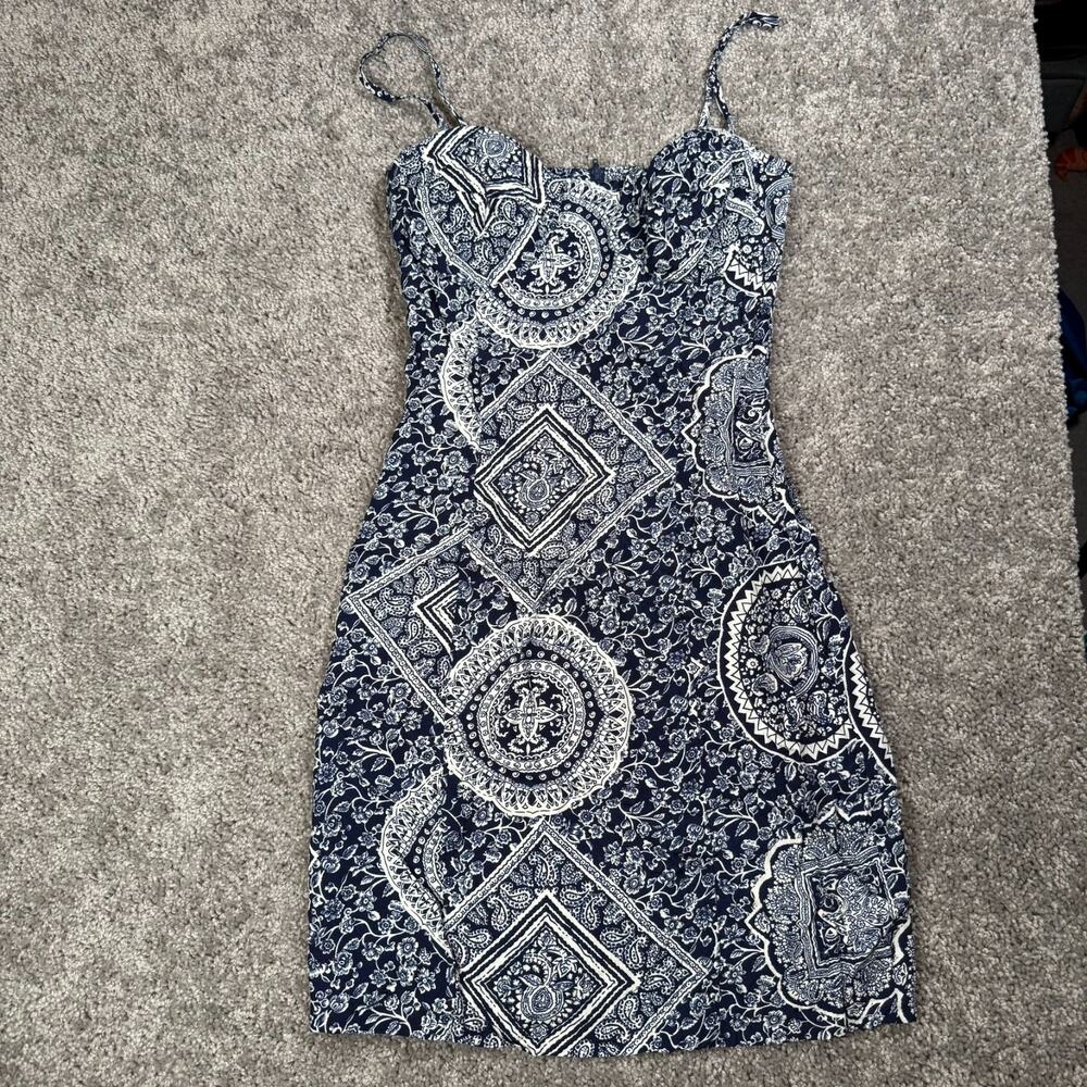 Vintage 310 for Shox Blue White Aztec Geometric Strappy Dress Womens 9 Small